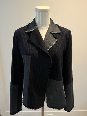 ecru Navy blue Pinstripe Patchwork Blazer with Frayed Trim